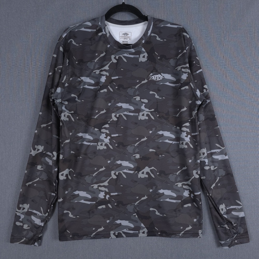 AFTCO Caster Performance Fishing‎ Shirt Mens Medium Gray Camo Aftech Long Sleeve